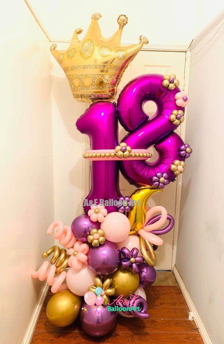 Number 18 Design With Flowers And Crown Balloon On Top (Design Code ...
