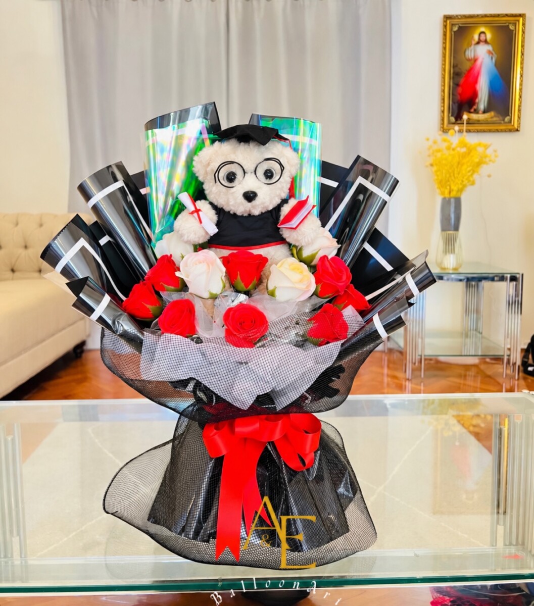 Medium Congrats Bouquet For Gift With Teddy Bear And Wax Flowers(Product Code:GRAT25_03)