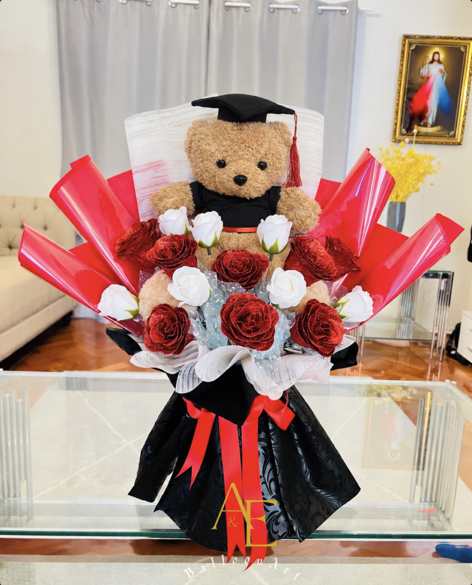 Large Congrats Bouquet For Gift With Teddy Bear And Glitter Flowers(Product Code:GRAT25_06)