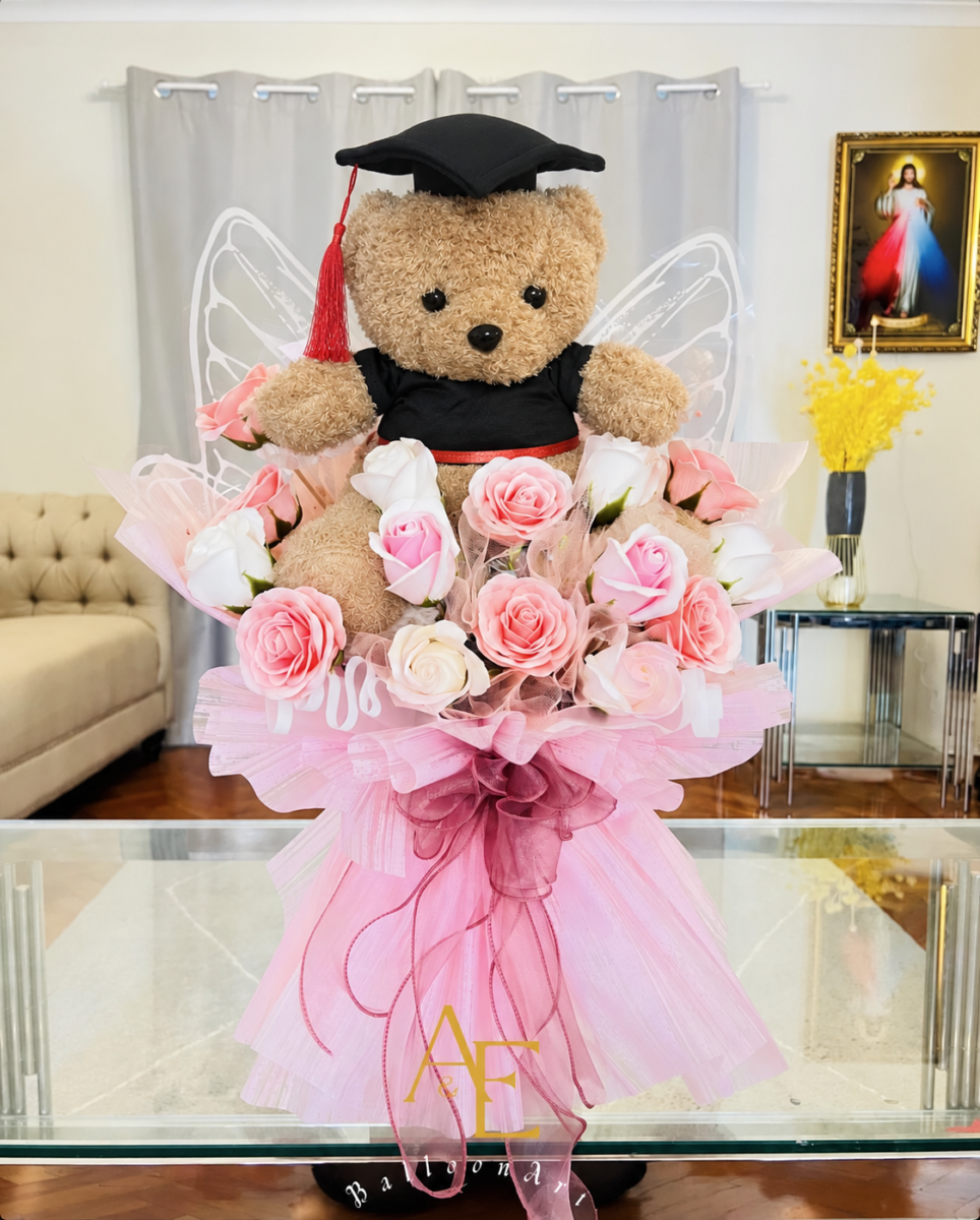 Large Congrats Bouquet For Gift With Teddy Bear And Wax Flowers(Product Code:GRAT25_07)