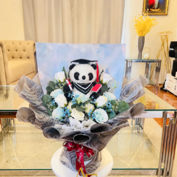 Blue–White Panda Teddy Graduation Bouquet (Marble Wrap)(Product Code:GRAT11_725)