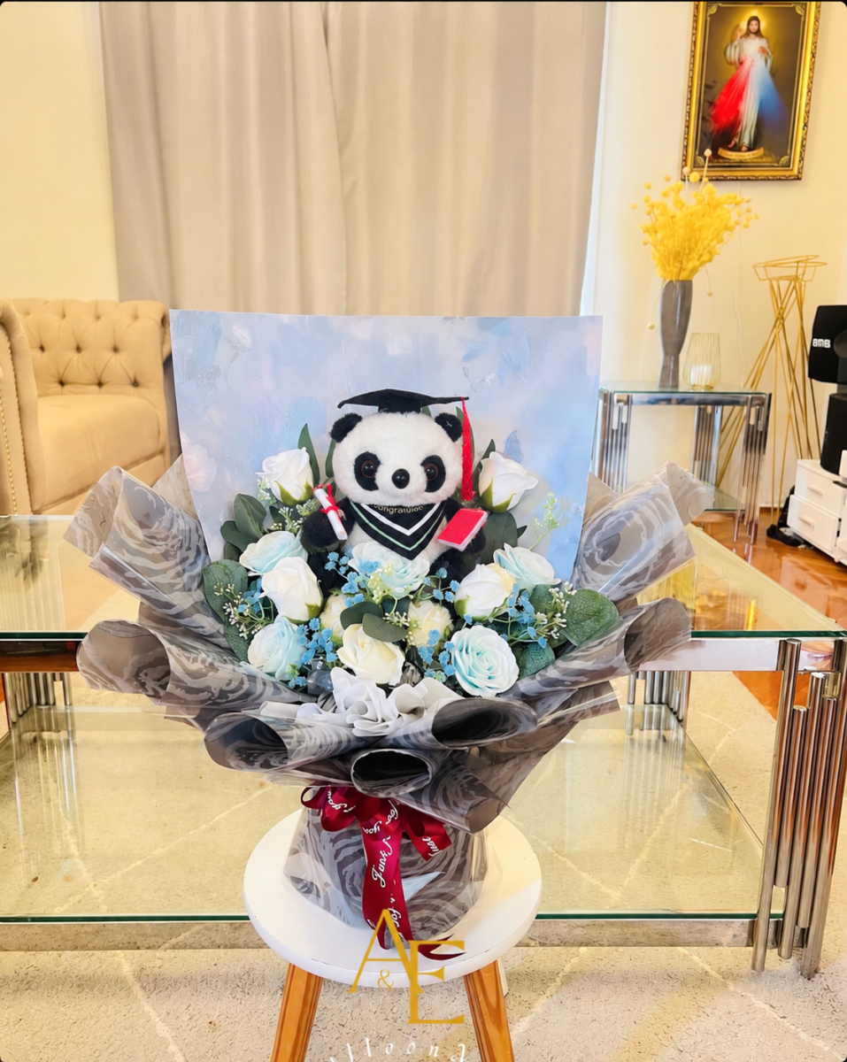 Blue–White Panda Teddy Graduation Bouquet (Marble Wrap)(Product Code:GRAT11_725)
