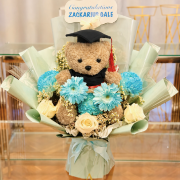 Mint Blue Graduation Teddy Bouquet (Fresh Flowers Edition)(Product Code:GRAT11_H25)