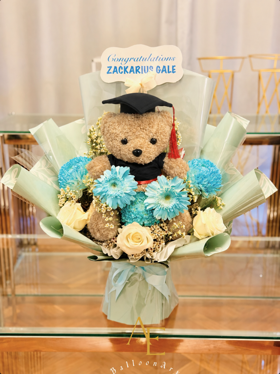 Mint Blue Graduation Teddy Bouquet (Fresh Flowers Edition)(Product Code:GRAT11_H25)