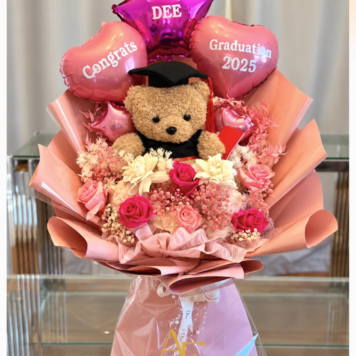 Pink Balloon Graduation Teddy Bouquet (Dried Flowers Edition)(Product Code:GRAT11_J25)