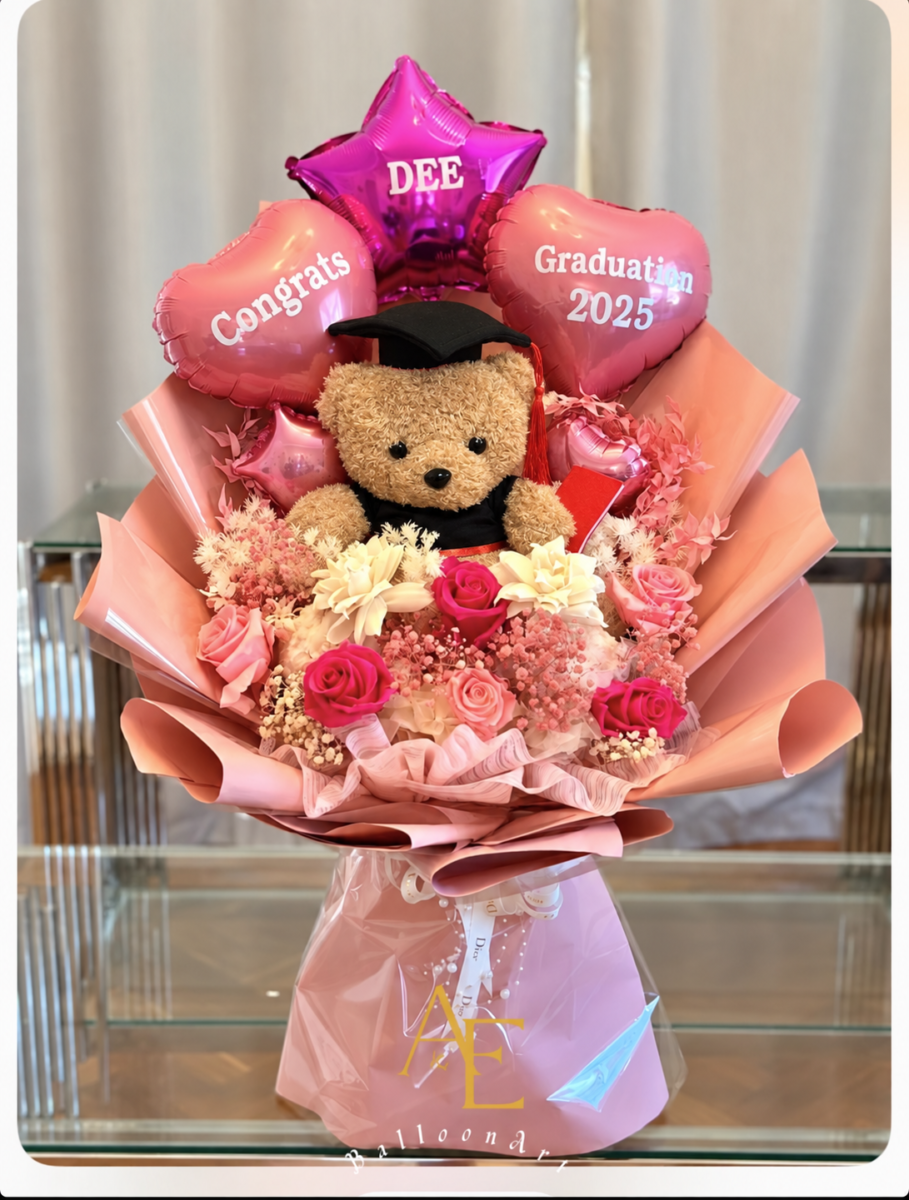 Pink Balloon Graduation Teddy Bouquet (Dried Flowers Edition)(Product Code:GRAT11_J25)